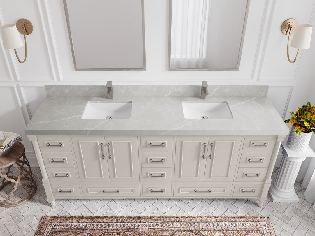 Aberdeen 80 in. W x 22 in. D Double Sink Bathroom Vanity in Fine Grain with 2 in. Pearl Light Gray Quartz Countertop - Top View 