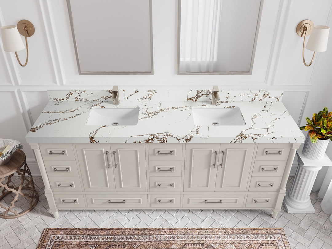 Aberdeen 80 in. W x 22 in. D Double Sink Bathroom Vanity in Fine Grain with 2 in. Viola Brown Quartz Countertop - Top View 
