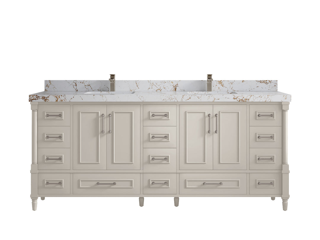 Aberdeen 80 in. W x 22 in. D Double Sink Bathroom Vanity in Fine Grain with 2 in. Viola Gold Quartz Countertop