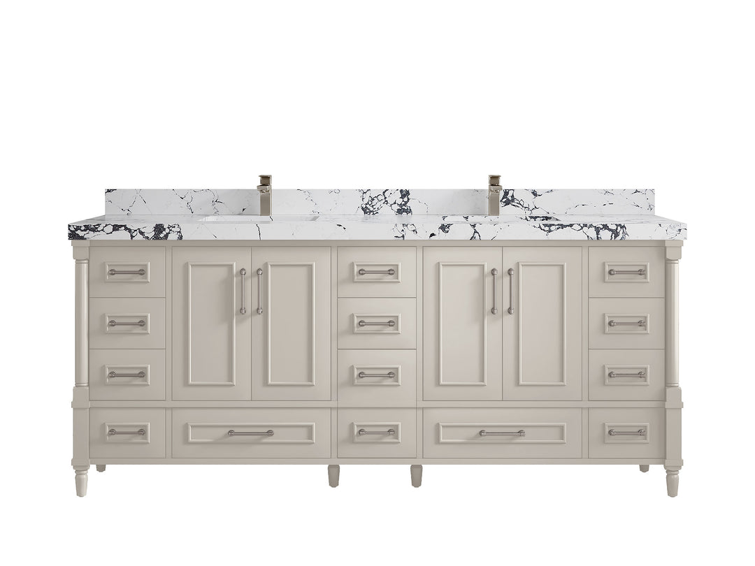 Aberdeen 80 in. W x 22 in. D Double Sink Bathroom Vanity in Fine Grain with 2 in. Viola Night Quartz Countertop
