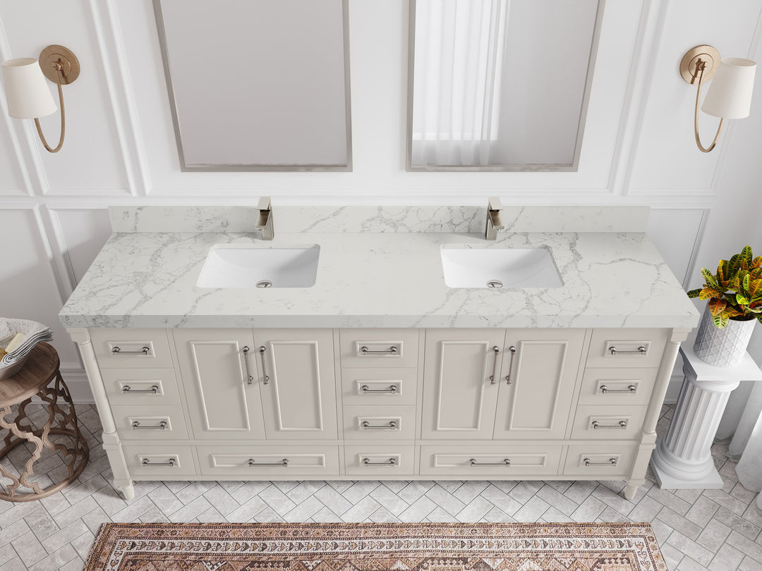 Aberdeen 80 in. W x 22 in. D Double Sink Bathroom Vanity in Fine Grain with 2 in. Venatino Quartz Countertop - Top View 