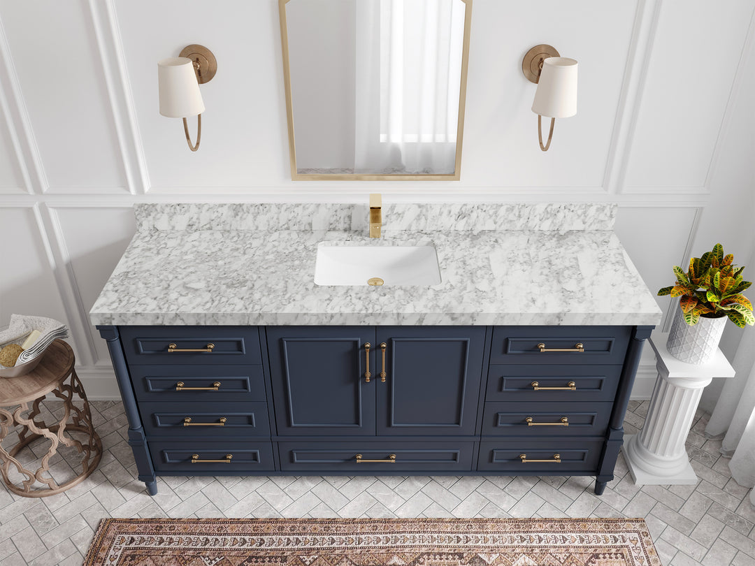Aberdeen 72 in. W x 22 in. D Single Sink Bathroom Vanity in Hale Navy Blue with 2 in Carrara Marble Countertop - Top View