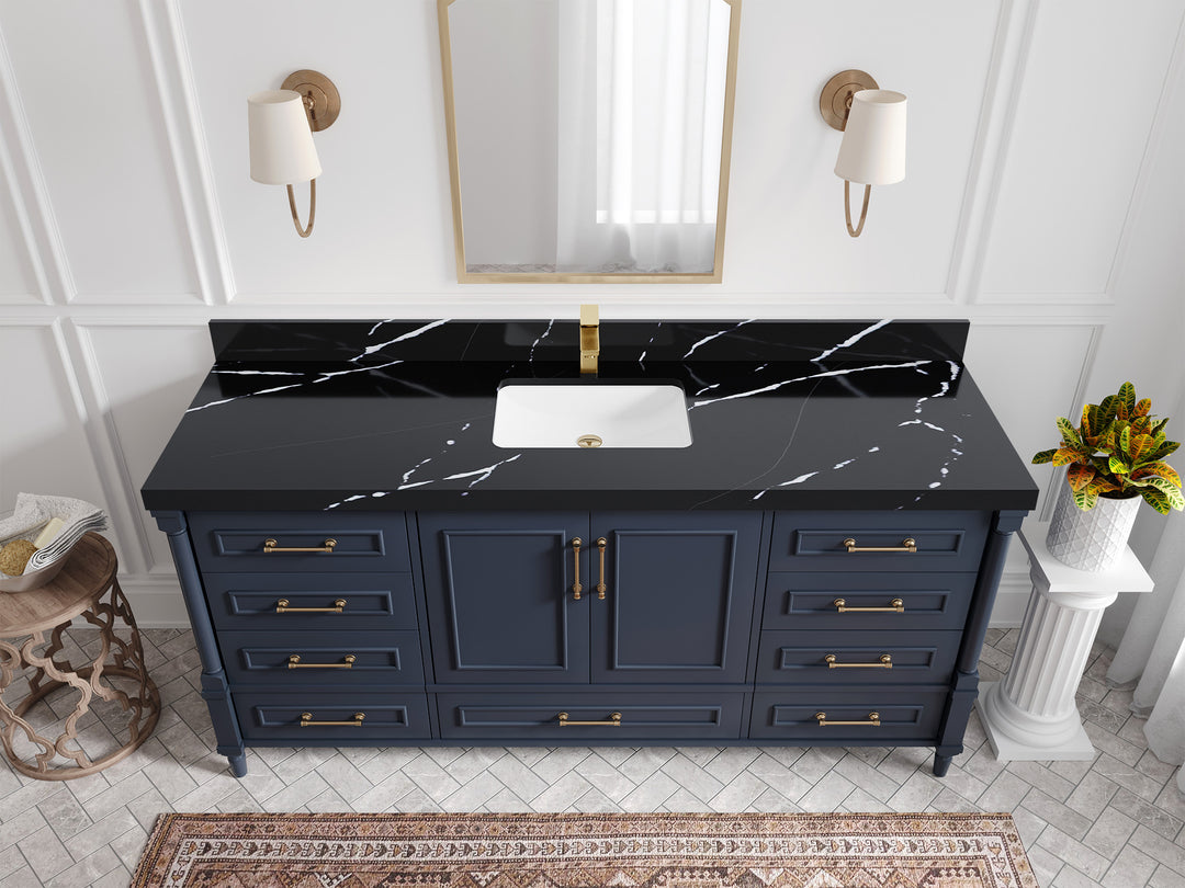 Aberdeen 72 in. W x 22 in. D Single Sink Bathroom Vanity in Hale Navy Blue with 2 in Calacatta Black Quartz Countertop - Top View