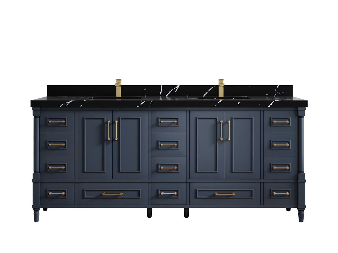 Aberdeen 80 in. W x 22 in. D Double Sink Bathroom Vanity in Hale Navy Blue with 2 in. Calacatta Black Quartz Countertop