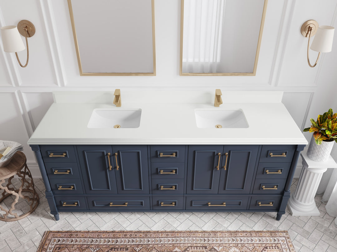 Aberdeen 80 in. W x 22 in. D Double Sink Bathroom Vanity in Hale Navy Blue with Double Cove Edge 1.5 in White Quartz Countertop - Top View 