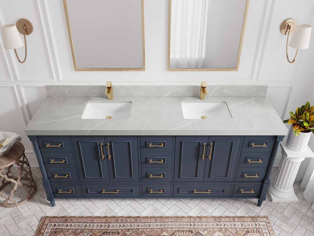 Aberdeen 80 in. W x 22 in. D Double Sink Bathroom Vanity in Hale Navy Blue with 2 in. Pearl Light Gray Quartz Countertop - Top View 