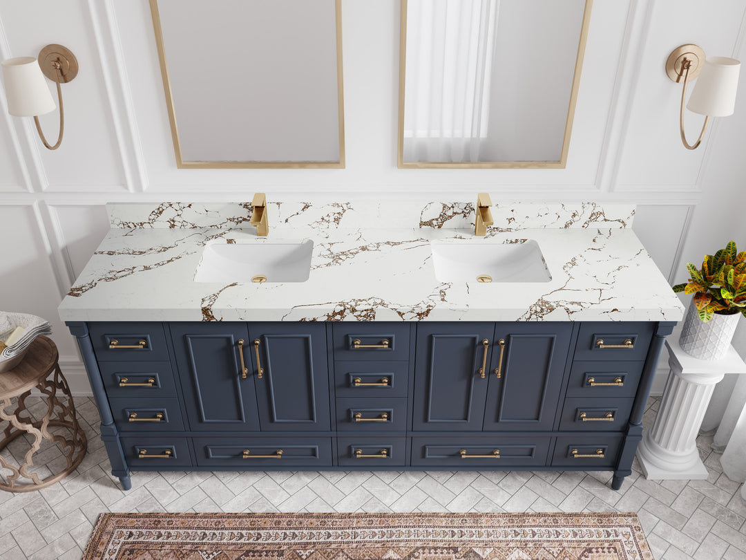 Aberdeen 80 in. W x 22 in. D Double Sink Bathroom Vanity in Hale Navy Blue with 2 in. Viola Brown Quartz Countertop - Top View 