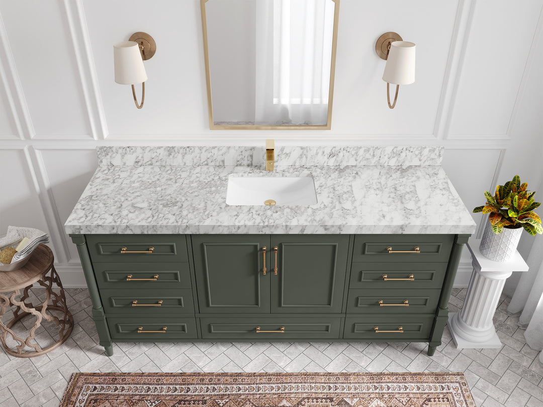 Aberdeen 72 in. W x 22 in. D Single Sink Bathroom Vanity in Pewter Green with 2 in Carrara Marble Countertop - Top View