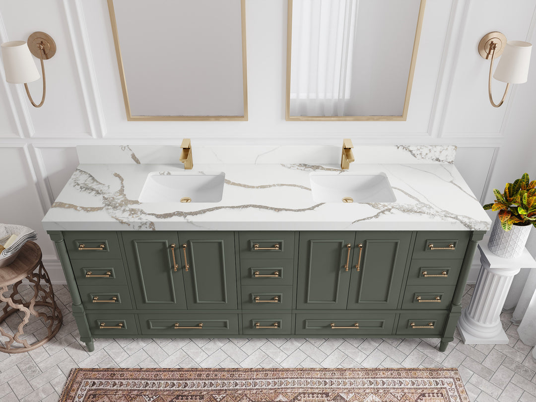 Aberdeen 80 in. W x 22 in. D Double Sink Bathroom Vanity in Pewter Green with 2 in. Calacatta Gold Quartz Countertop - Top View 