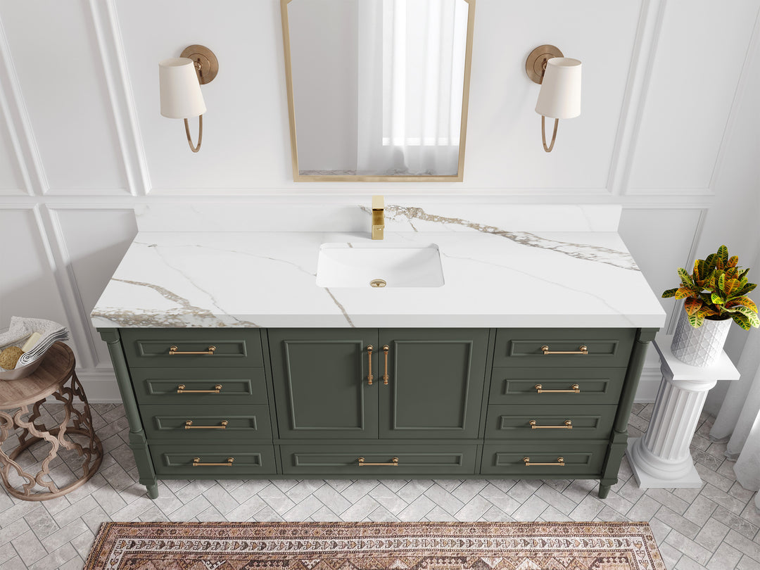 Aberdeen 72 in. W x 22 in. D Single Sink Bathroom Vanity in Pewter Green with 2 in Calacatta Gold Quartz Countertop - Top View