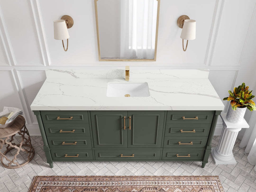 Aberdeen 72 in. W x 22 in. D Single Sink Bathroom Vanity in Pewter Green with 2 in Calacatta Laza Quartz Countertop - Top View