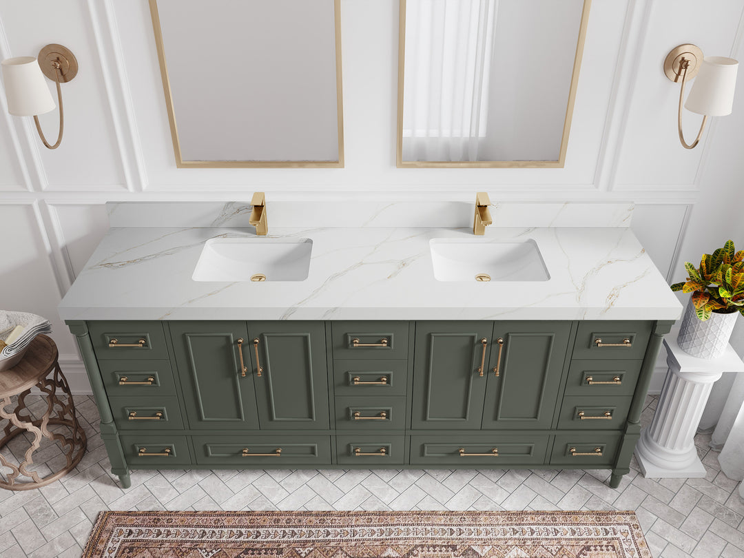 Aberdeen 80 in. W x 22 in. D Double Sink Bathroom Vanity in Pewter Green with 2 in. Calacatta Sienna Quartz Countertop - Top View 