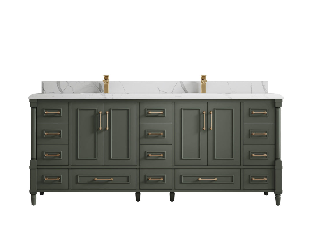 Aberdeen 80 in. W x 22 in. D Double Sink Bathroom Vanity in Pewter Green with Double Cove Edge 1.5 in Calacatta Laza Quartz Countertop