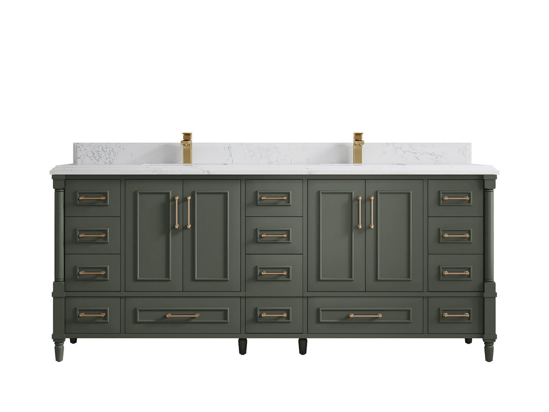 Aberdeen 80 in. W x 22 in. D Double Sink Bathroom Vanity in Pewter Green with Double Cove Edge 1.5 in Empira White Quartz Countertop