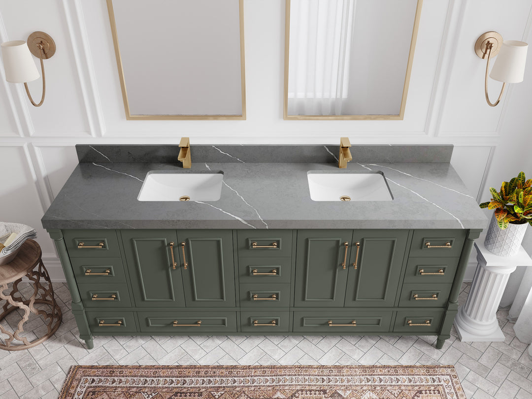 Aberdeen 80 in. W x 22 in. D Double Sink Bathroom Vanity in Pewter Green with 2 in. Piatra Gray Quartz Countertop - Top View 