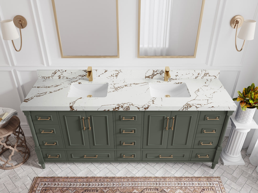 Aberdeen 80 in. W x 22 in. D Double Sink Bathroom Vanity in Pewter Green with 2 in. Viola Brown Quartz Countertop - Top View 