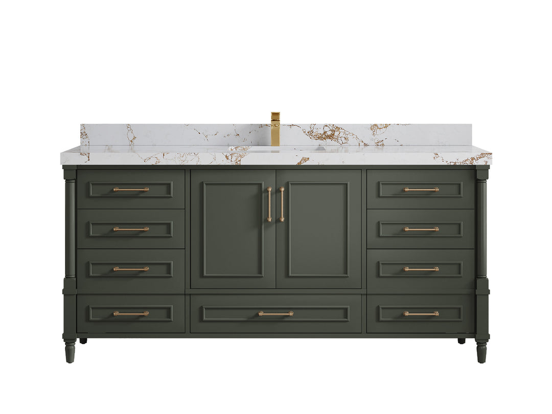 Aberdeen 72 in. W x 22 in. D Single Sink Bathroom Vanity in Pewter Green with 2 in Viola Gold Quartz Countertop 