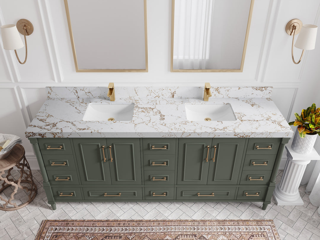 Aberdeen 80 in. W x 22 in. D Double Sink Bathroom Vanity in Pewter Green with 2 in. Viola Gold Quartz Countertop - Top View 