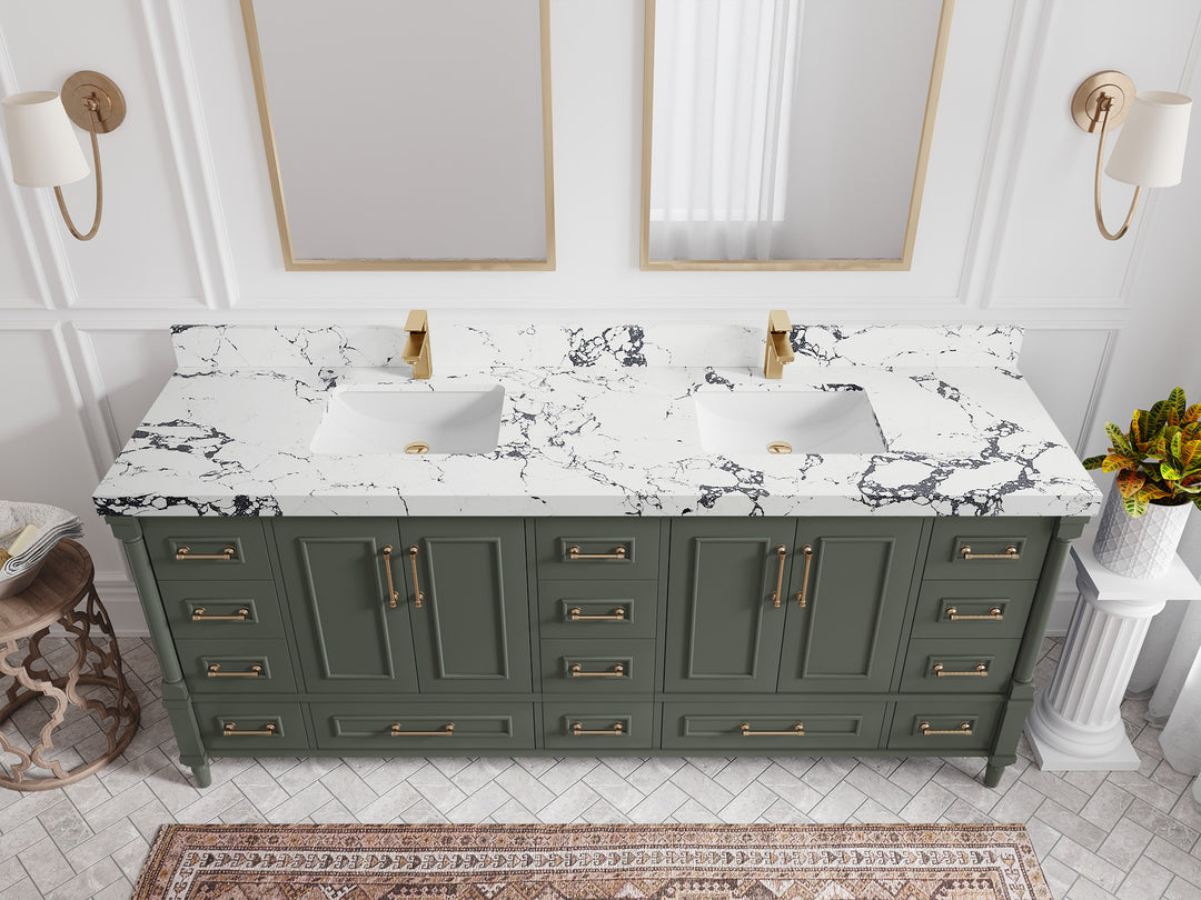 Aberdeen 80 in. W x 22 in. D Double Sink Bathroom Vanity in Pewter Green with 2 in. Viola Night Quartz Countertop - Top View 