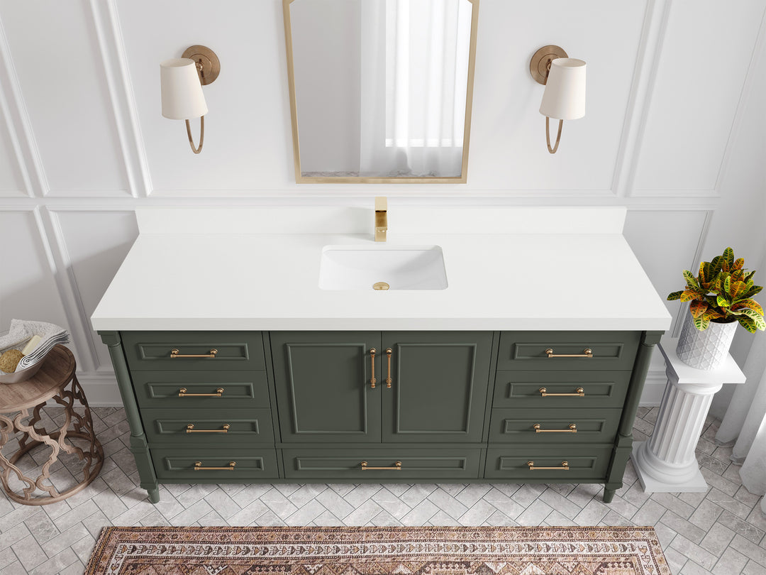 Aberdeen 72 in. W x 22 in. D Single Sink Bathroom Vanity in Pewter Green with 2 in White Quartz Countertop - Top View