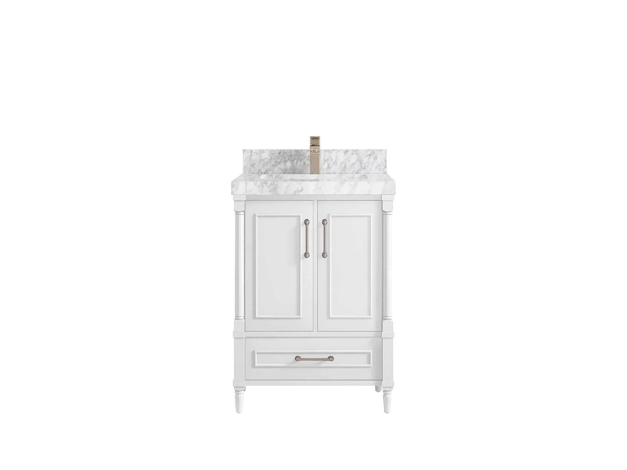 Aberdeen 24-inch bathroom vanity in White with Carrara Marble countertop, faucet view
