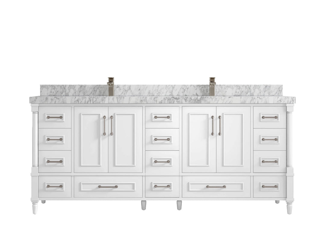 Aberdeen 80 in. W x 22 in. D Double Sink Bathroom Vanity in White with 2 in. Carrara Marble Countertop