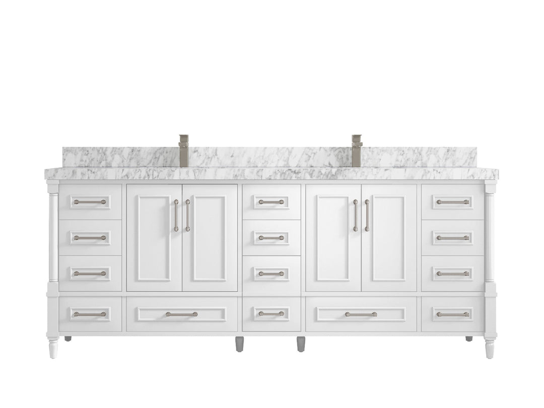 Aberdeen 84 in. W x 22 in. D double Sink Bathroom Vanity in White with 2 in Carrara Marble Countertop