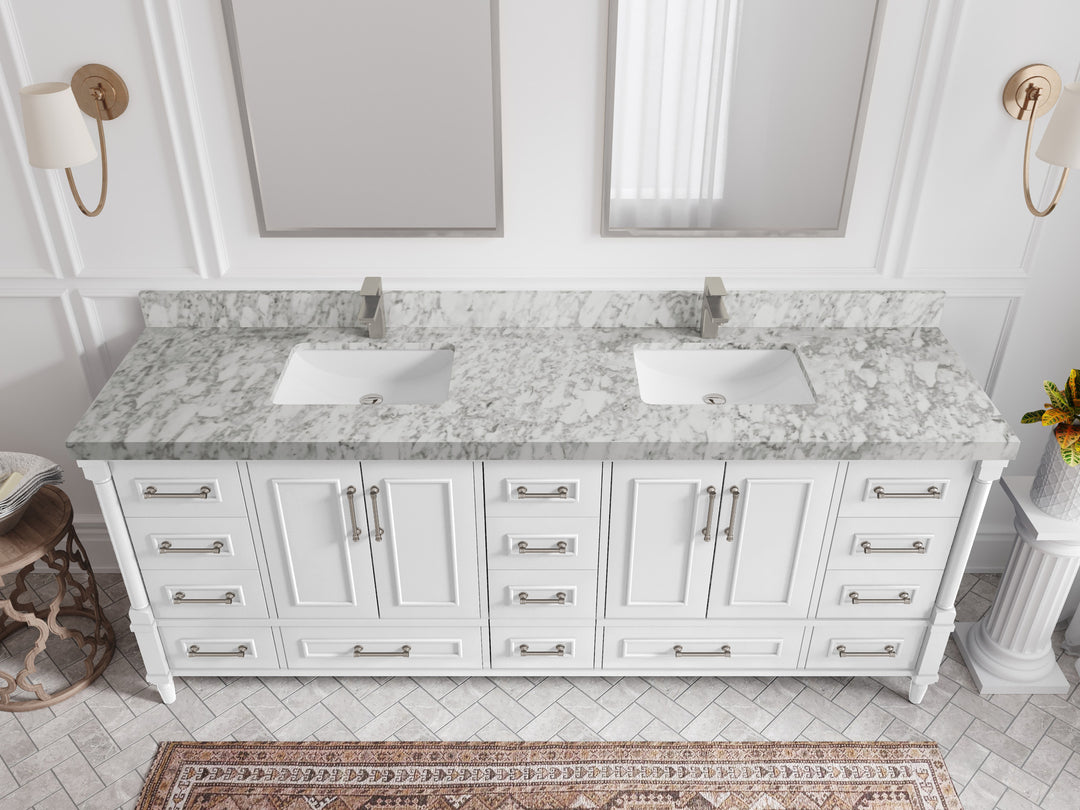 Aberdeen 84 in. W x 22 in. D double Sink Bathroom Vanity in White with 2 in Carrara Marble Countertop – Top View
