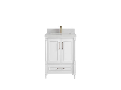 Aberdeen 24-inch bathroom vanity in White with Carrara Quartz countertop, faucet view