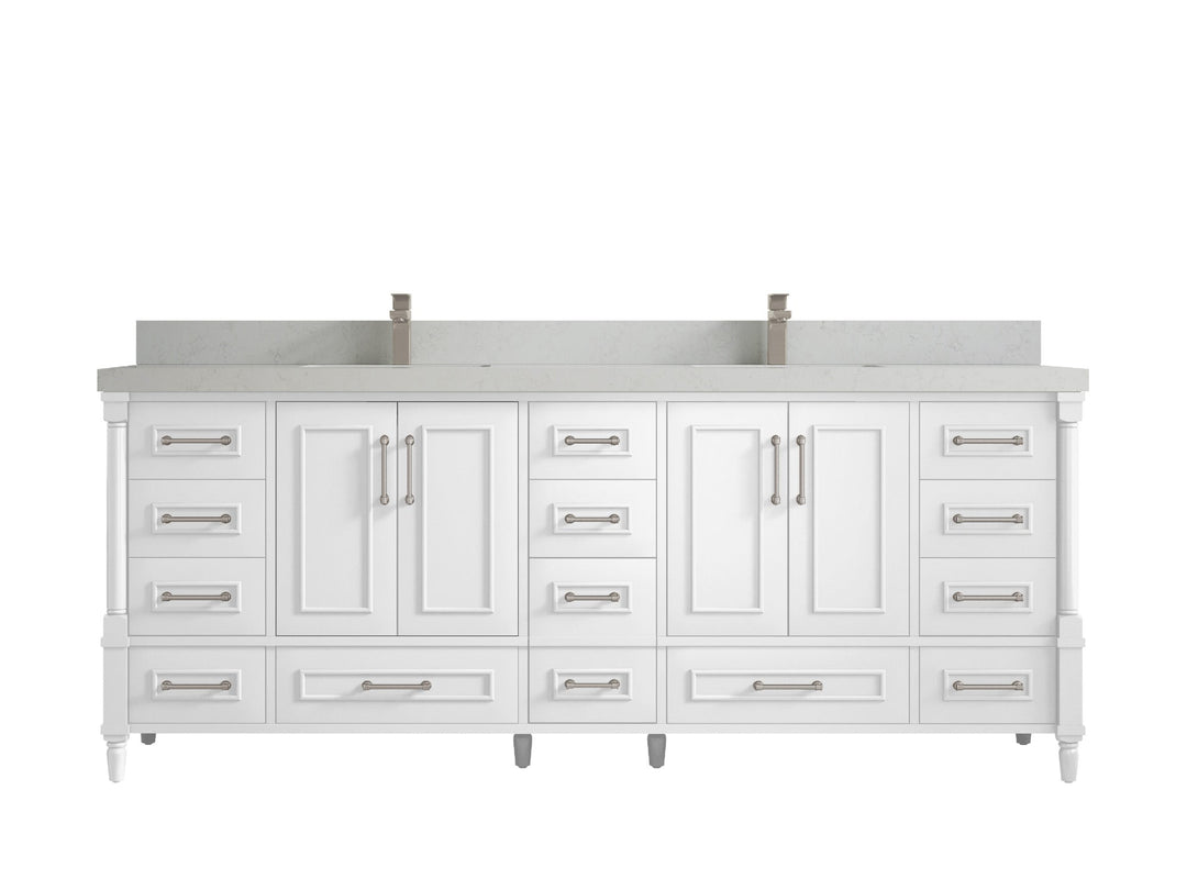Aberdeen 84 in. W x 22 in. D double Sink Bathroom Vanity in White with 2 in Carrara Quartz Countertop