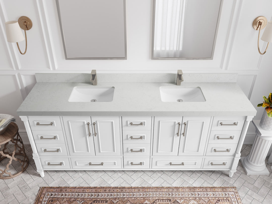 Aberdeen 84 in. W x 22 in. D double Sink Bathroom Vanity in White with 2 in Carrara Quartz Countertop – Top View