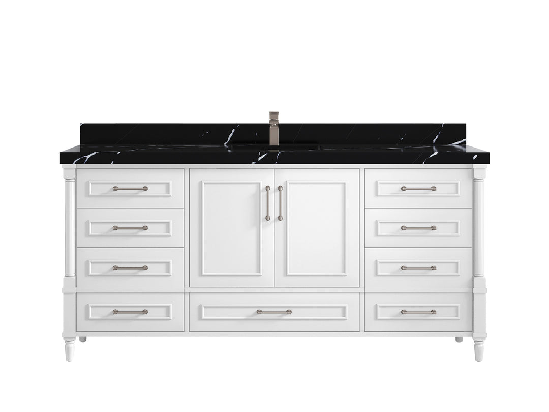 Aberdeen 72 in. W x 22 in. D Single Sink Bathroom Vanity in White with 2 in Calacatta Black Quartz Countertop 