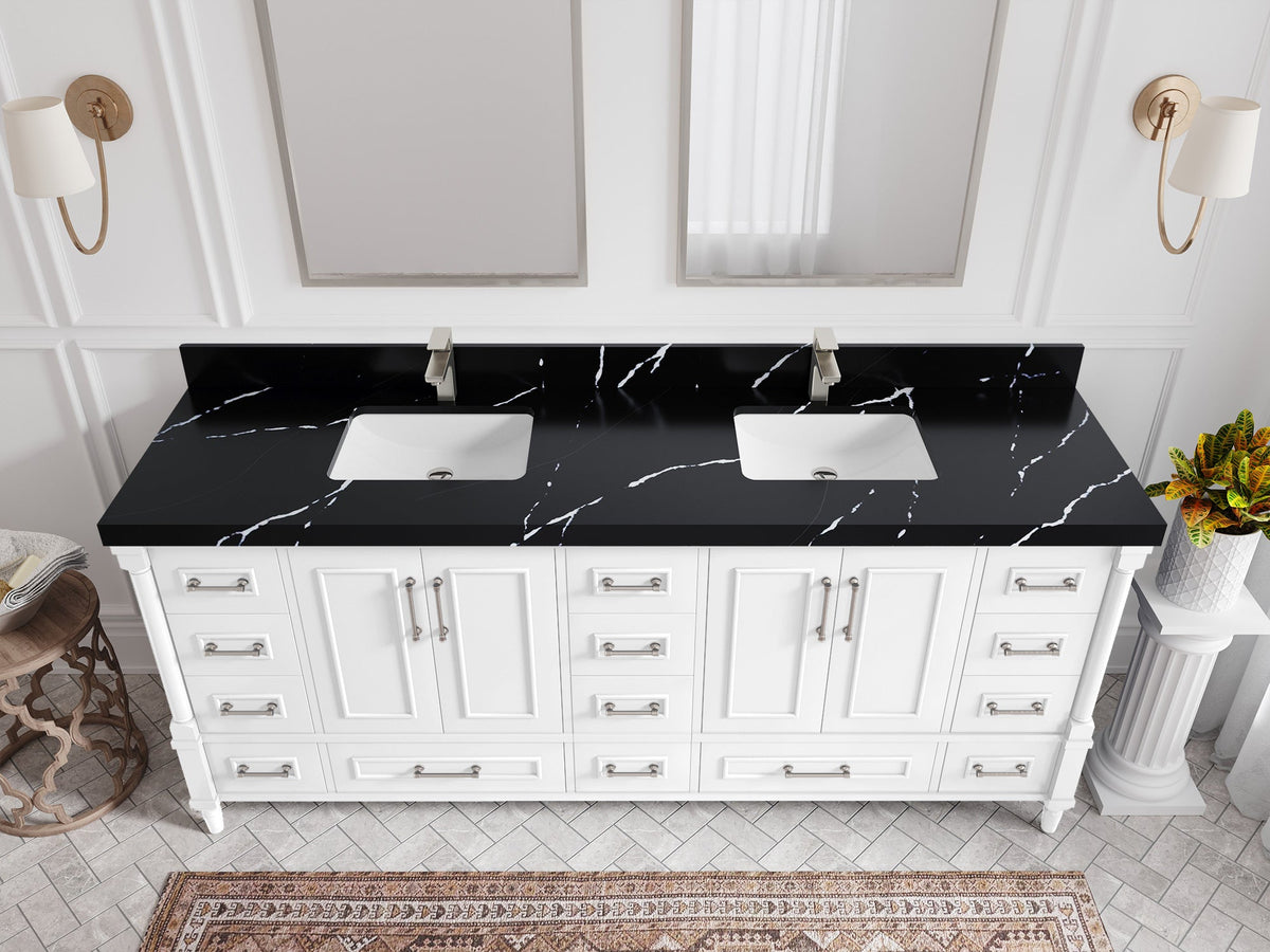 Aberdeen 80 in. W x 22 in. D Double Sink Bathroom Vanity in White with 2 in. Calacatta Black Quartz Countertop - Top View