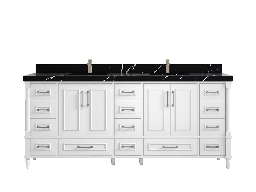 Aberdeen 80 in. W x 22 in. D Double Sink Bathroom Vanity in White with 2 in. Calacatta Black Quartz Countertop
