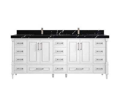 Aberdeen 80 in. W x 22 in. D Double Sink Bathroom Vanity in White with 2 in. Calacatta Black Quartz Countertop