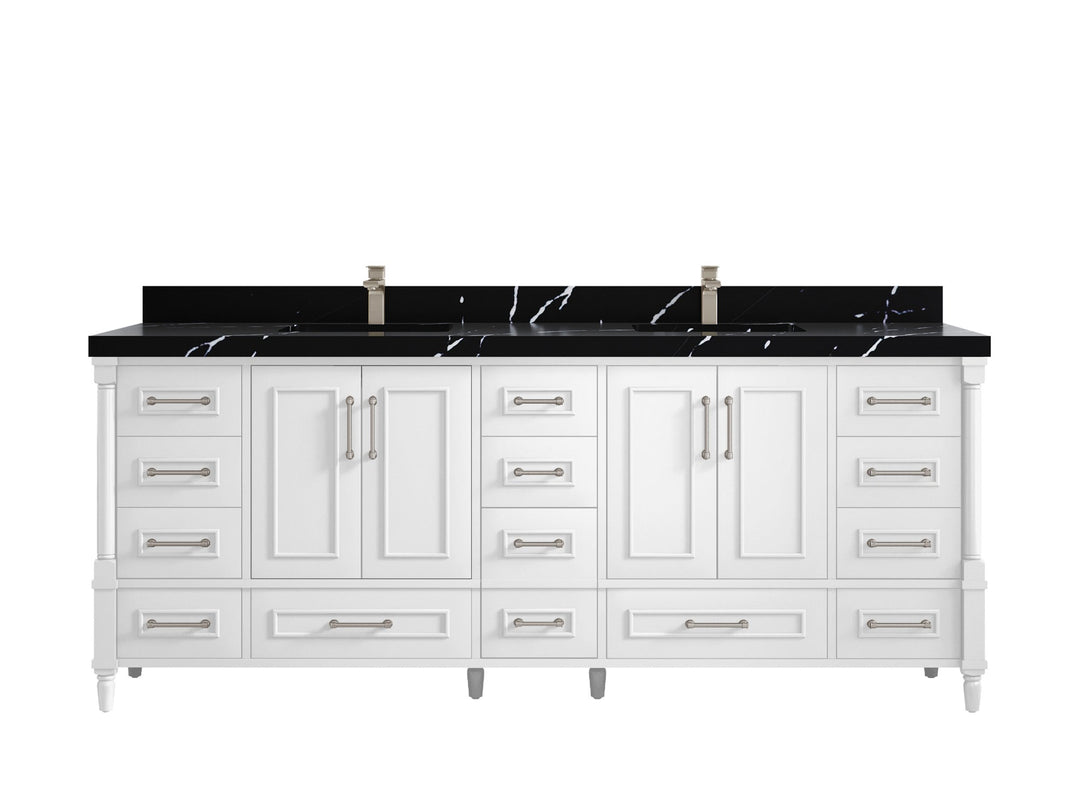 Aberdeen 84 in. W x 22 in. D double Sink Bathroom Vanity in White with 2 in Calacatta Black Quartz Countertop