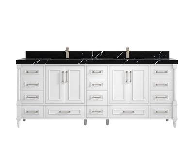 Aberdeen 84 in. W x 22 in. D double Sink Bathroom Vanity in White with 2 in Calacatta Black Quartz Countertop
