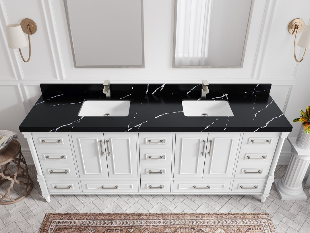 Aberdeen 84 in. W x 22 in. D double Sink Bathroom Vanity in White with 2 in Calacatta Black Quartz Countertop – Top View