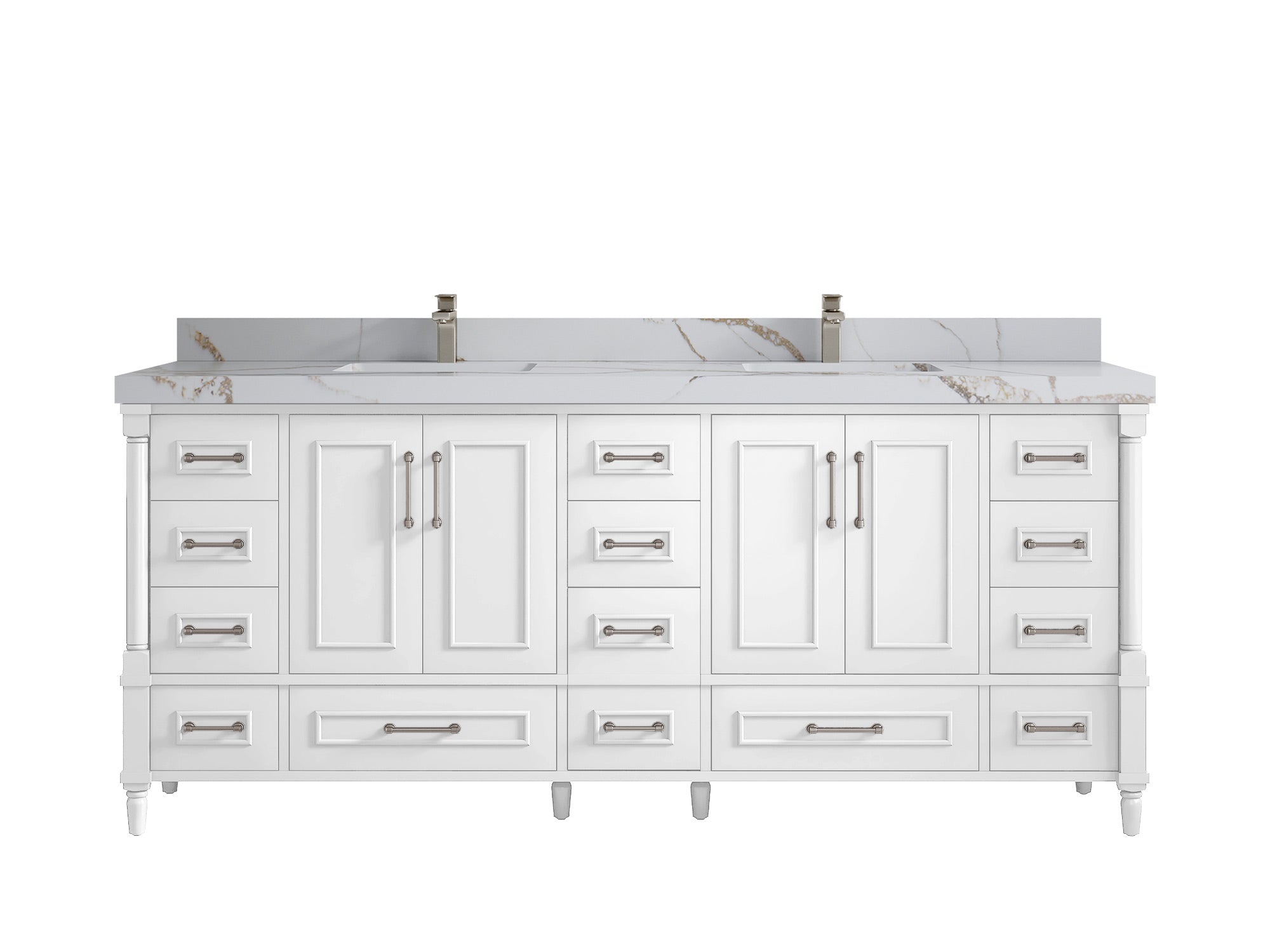 Aberdeen 80 in. W x 22 in. D Double Sink Bathroom Vanity in White with 2 in. Calacatta Gold Quartz Countertop
