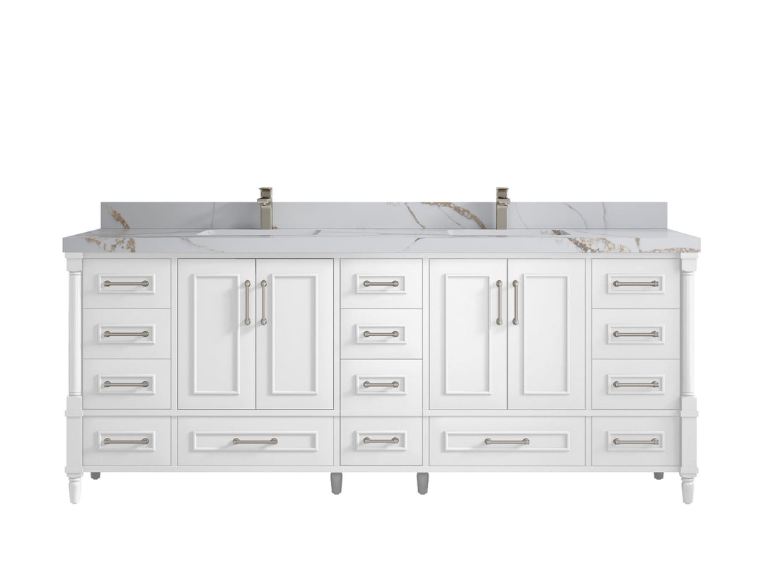 Aberdeen 84 in. W x 22 in. D double Sink Bathroom Vanity in White with 2 Calacatta Gold Quartz Countertop