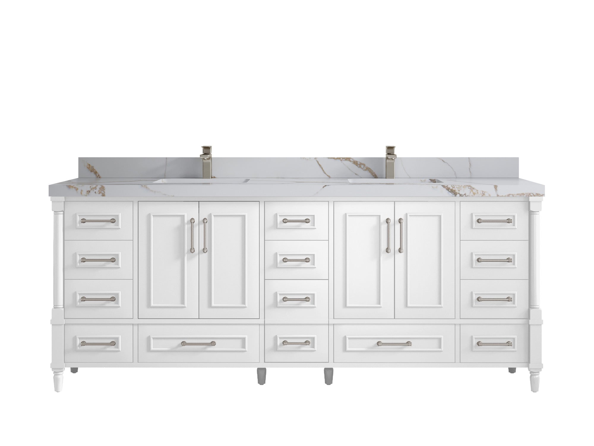 Aberdeen 84 in. W x 22 in. D double Sink Bathroom Vanity in White with 2 Calacatta Gold Quartz Countertop