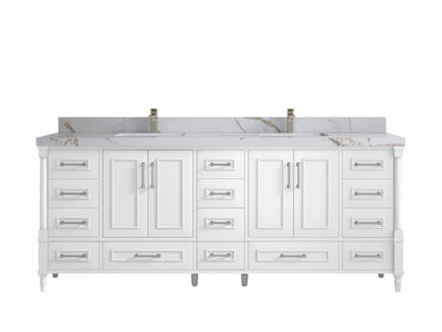 Aberdeen 84 in. W x 22 in. D double Sink Bathroom Vanity in White with 2 Calacatta Gold Quartz Countertop