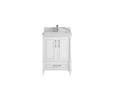 Aberdeen 24-inch bathroom vanity in White with Calacatta Gold Quartz countertop, faucet view
