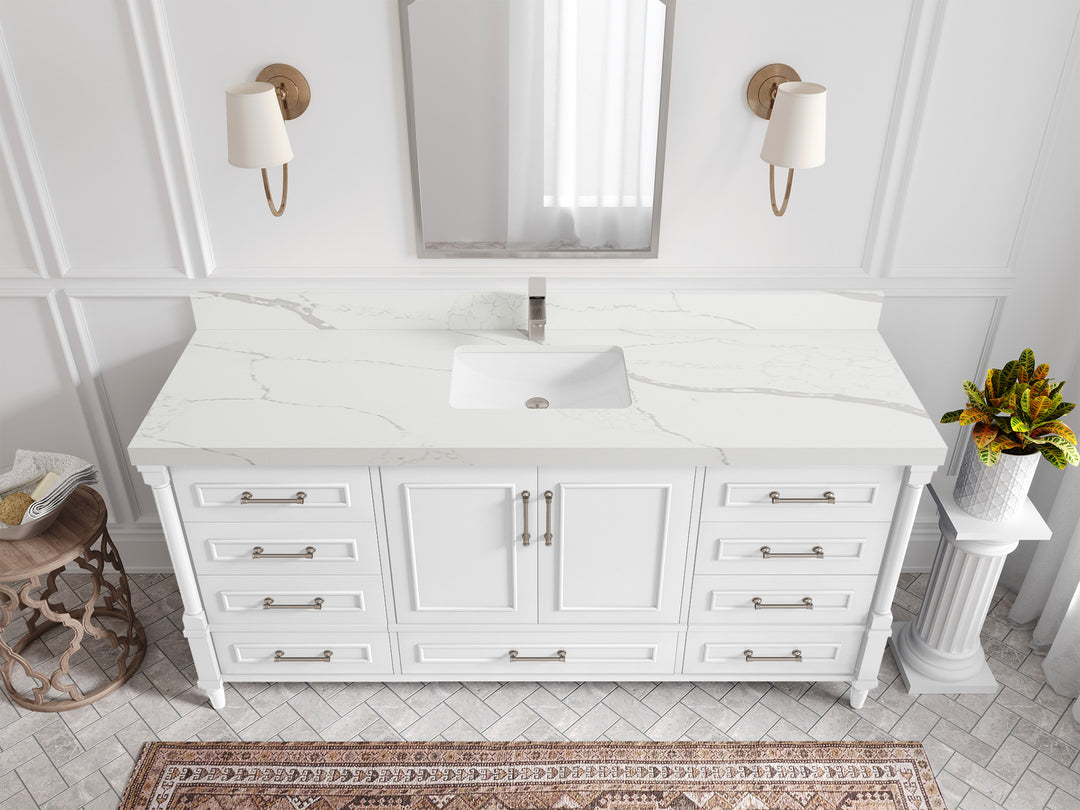 Aberdeen 72 in. W x 22 in. D Single Sink Bathroom Vanity in White with 2 in Calacatta Laza Quartz Countertop - Top View