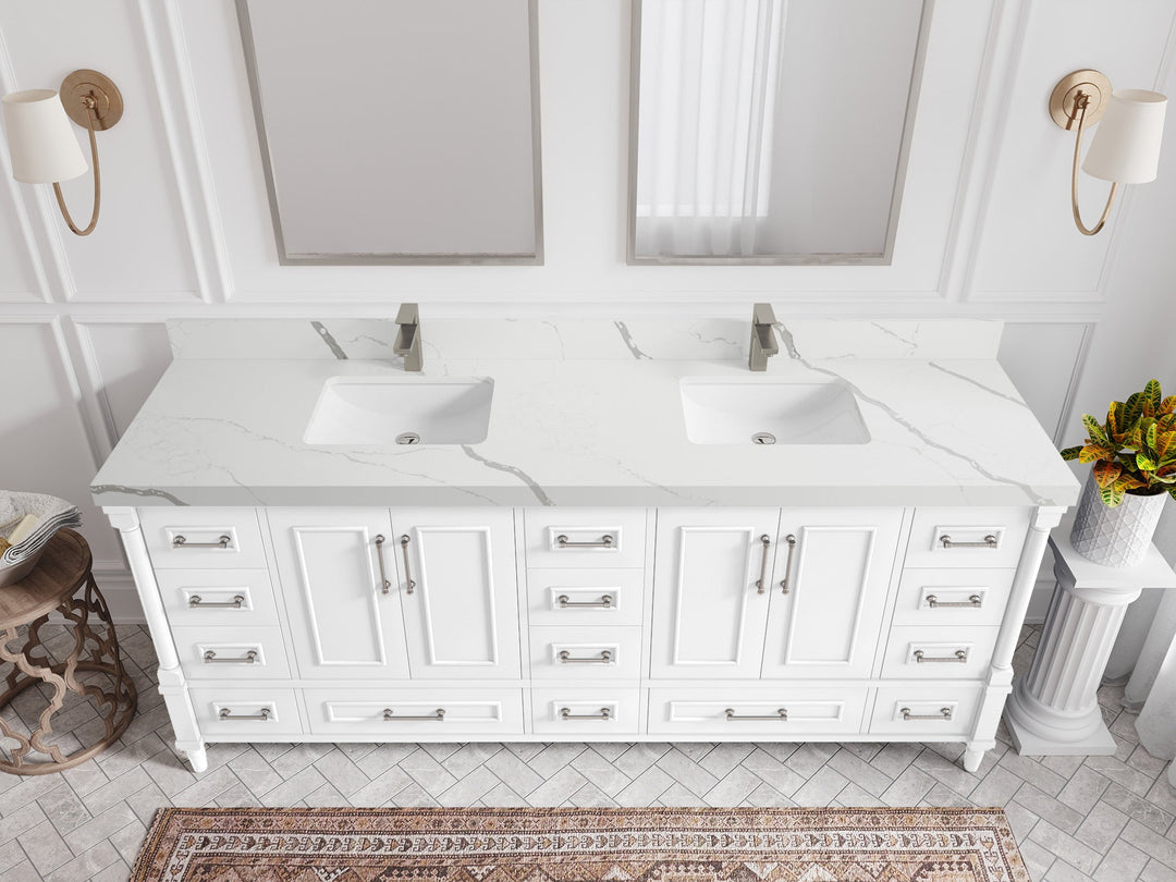 Aberdeen 80 in. W x 22 in. D Double Sink Bathroom Vanity in White with 2 in. Calacatta Laza Quartz Countertop - Top View 