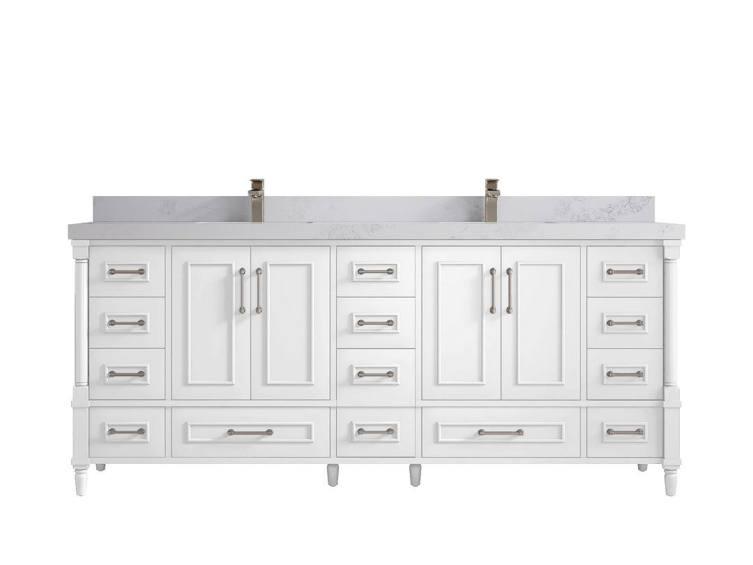Aberdeen 80 in. W x 22 in. D Double Sink Bathroom Vanity in White with 2 in. Calacatta Nuvo Quartz Countertop