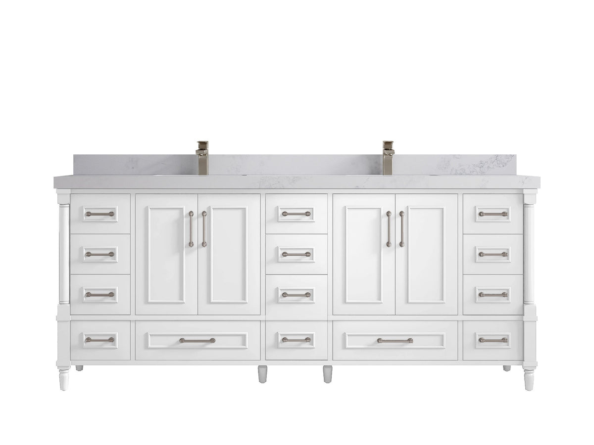 Aberdeen 80 in. W x 22 in. D Double Sink Bathroom Vanity in White with 2 in. Calacatta Nuvo Quartz Countertop