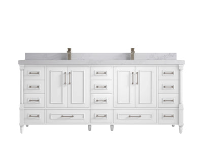 Aberdeen 80 in. W x 22 in. D Double Sink Bathroom Vanity in White with 2 in. Calacatta Nuvo Quartz Countertop