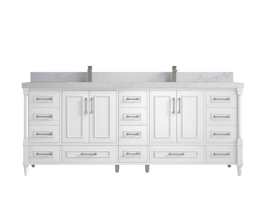 Aberdeen 84 in. W x 22 in. D double Sink Bathroom Vanity in White with 2 in Calacatta Nuvo Quartz Countertop