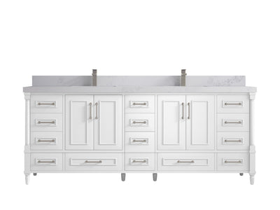 Aberdeen 84 in. W x 22 in. D double Sink Bathroom Vanity in White with 2 in Calacatta Nuvo Quartz Countertop